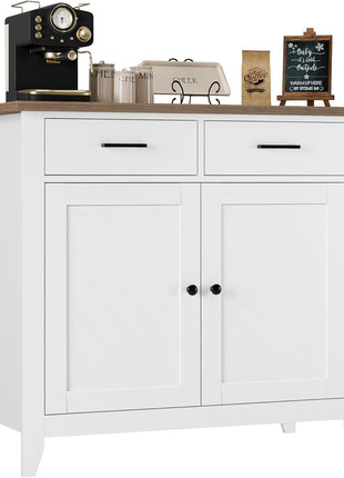 Ivory White Modern Farmhouse Kitchen Storage Cabinet with Buffet and Coffee Bar, Featuring 2 Drawers and 2 Doors, Ideal Versatile Sideboard for Living Room, Dining Room, and Bathroom
