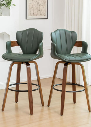 Set of 2 Mid-Century Modern 30-Inch Swivel Bar Stools with Arms, Green Faux Leather Upholstery and Walnut Wood Frame, Fishtail Back Design