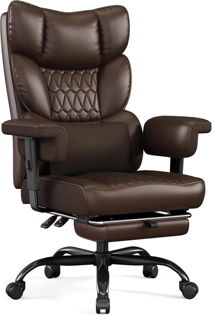 Big and Tall Office Chair with Footrest, High Back Executive Desk Chair with Adjustable Lift Armrest, 155°Recline，Lumbar Support Pillow, Faux Leather Gaming Chairs for Home or Office Brown