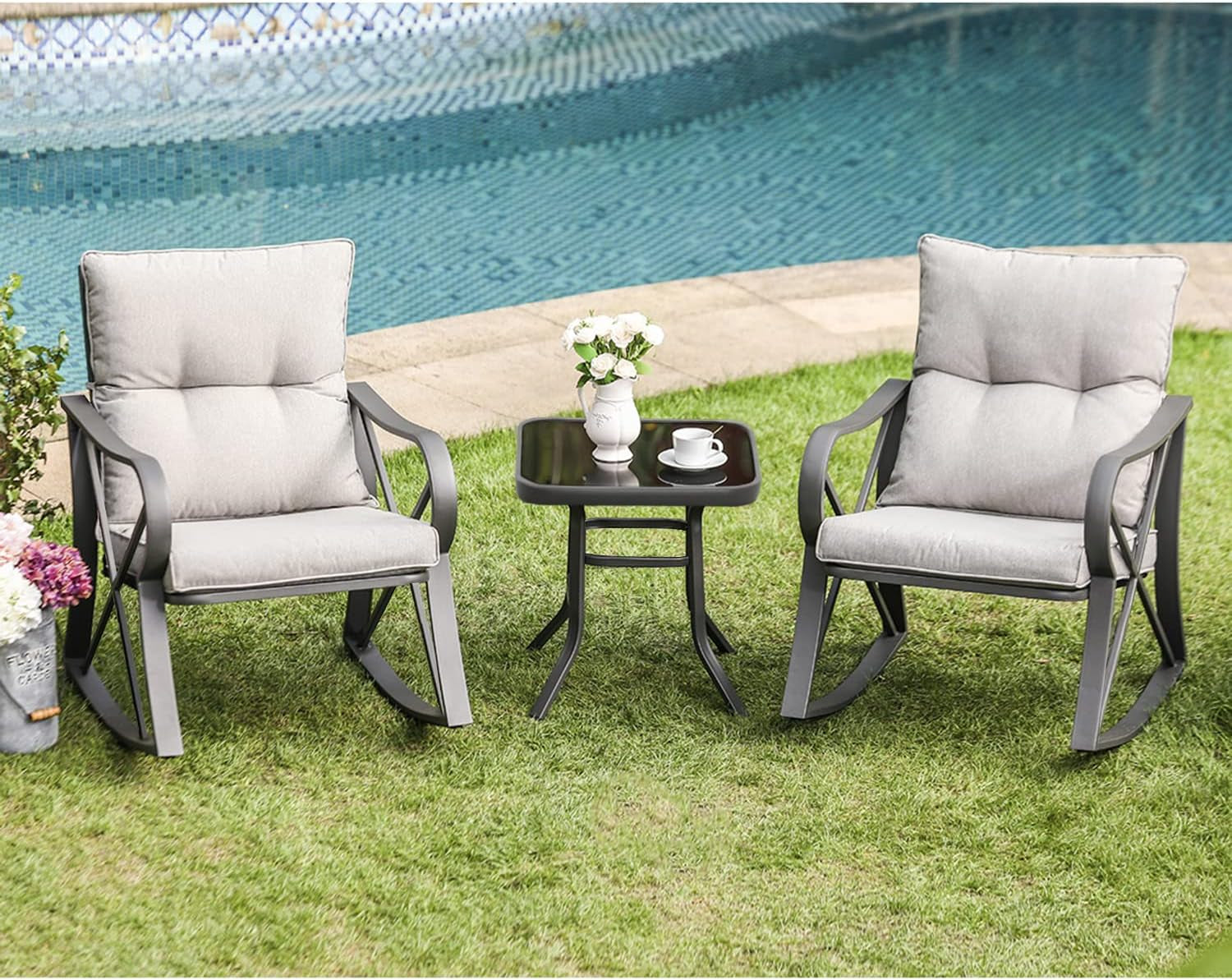 3 Piece Bistro Set Patio Rocking Chairs Outdoor Furniture W Warm Gray Cushions, Glass-Top Table for Garden, Pool, Backyard