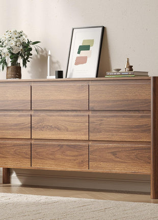 3-Piece Bedroom Dresser Set: 9-Drawer Dresser and 2 Nightstands in 47" Wide Walnut Finish with Solid Wood Cylindrical Legs, Rustic Wooden Storage Solution for Bedroom