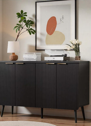 47.2" Contemporary Fluted Sideboard Cabinet with Four Doors, Wooden Storage Credenza with Shelves, Versatile Buffet Cabinet for Entryway, Dining, and Living Room, Black