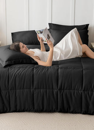 Queen Size 7-Piece Ultra-Soft Comforter Set, Oeko-Tex Certified Bedding Ensemble with Down Alternative Comforter, Sheets, Pillowcases, and Shams in Black