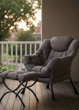 Contemporary Lounge Chair with Ottoman - Spacious Accent Chair for Leisure, Reading, and Relaxation in Dark Grey for Bedroom, Living Room, Dormitory, and Outdoor Spaces