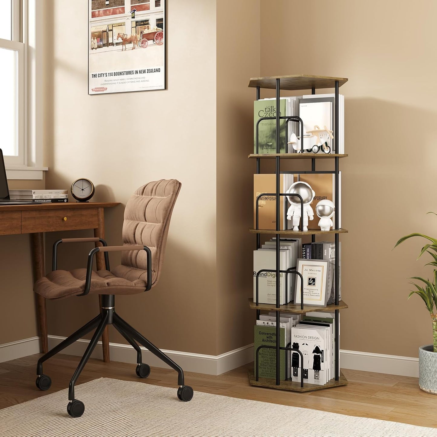 4 Tier Rotating Bookshelf Tower, Revolving 360 ° Spinning Bookcase, Hexagonal Corner Book Shelf Storage Carousel, Vertical Rotate Turning Organizer Book Shelves for Living Room Office Bedroom