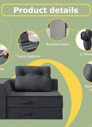 Convertible 4-in-1 Folding Sofa Bed with Memory Foam Mattress and Support Pillow - Modern Futon Chair for Living Room, Apartment, and Guest Use in Black Grey