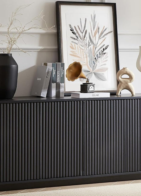 64-Inch Wooden Fluted Sideboard Buffet Cabinet with Adjustable Shelves for Kitchen and Living Room (Black)