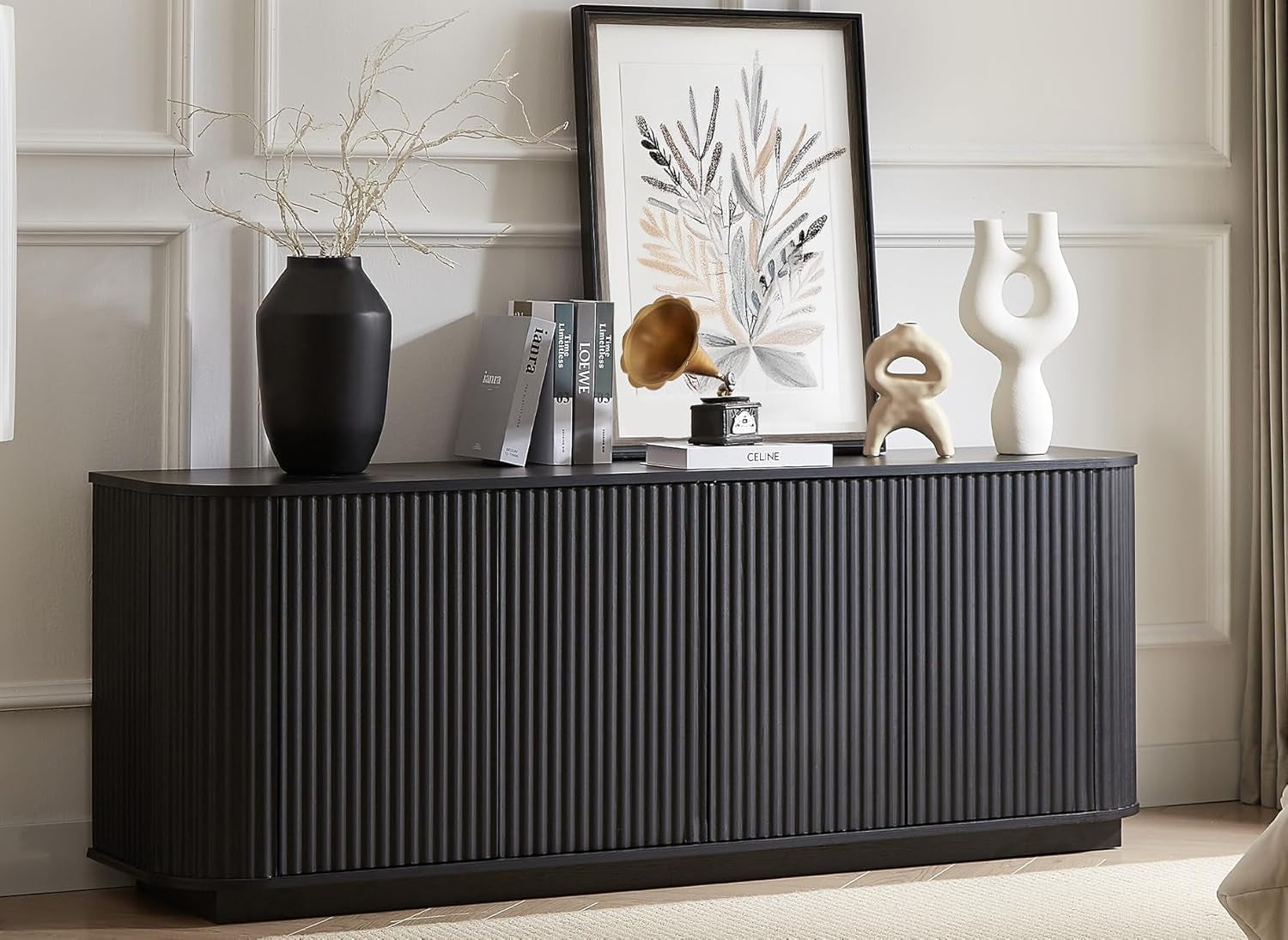 64" Sideboard Buffet Cabinet with Storage, Wooden Fluted Storage Cabinet Sideboard Credenza with Adjustable Shelves Pressed Spring for Kitchen Living Room (Black)