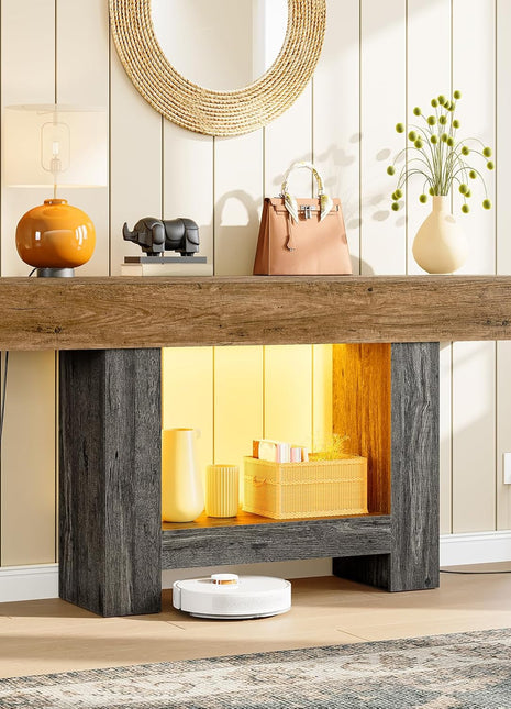 63-Inch Farmhouse Style Console Table with Integrated Charging Station and LED Lighting for Entryway, Sofa, and Hallway Use