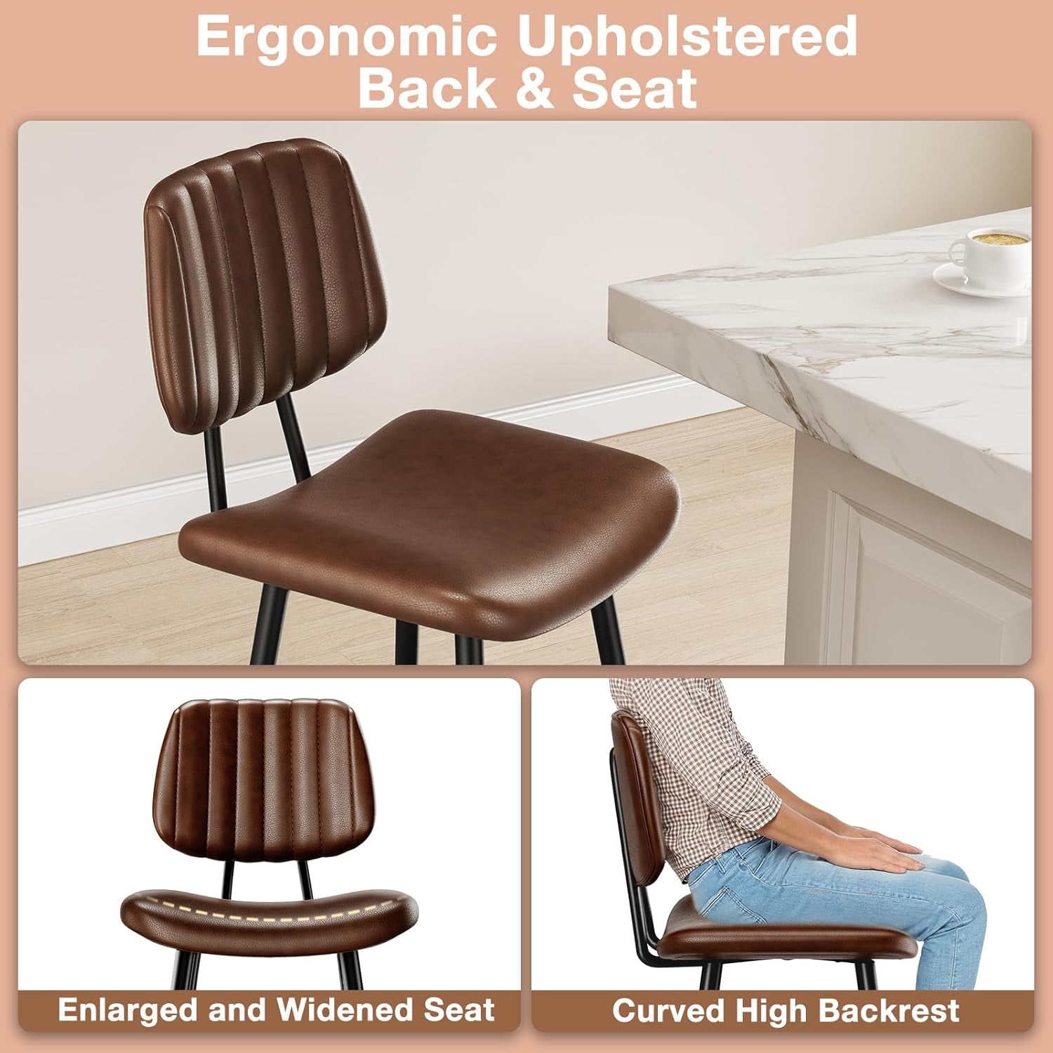 29-Inch Leather Bar Stools Set of 2, Counter Height Barstools with High Backrest，Bar Chairs for Kitchen Island with Heavy Duty Metal Legs, Dark Brown