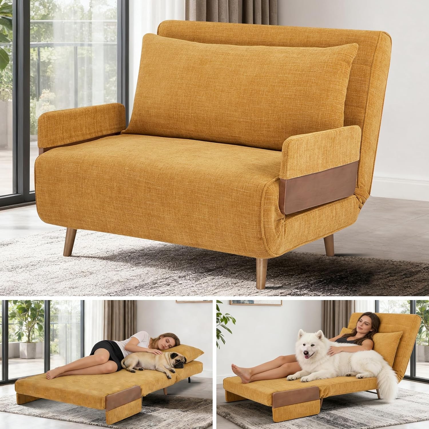 3 in 1 Sleeper Chair Bed, Foldable Convertible Chair with Armrest, Thickened Cushion and Sponge, OTE Fabric, Adjustable Backrest Upholstered Accent Sofa for Apartment/Bedroom/Office - Orange Brown