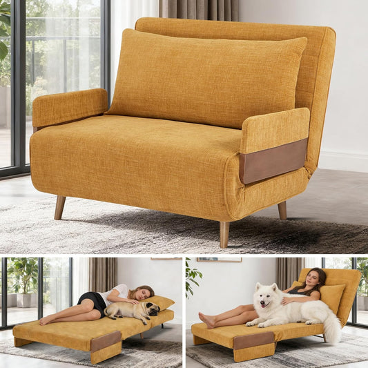 3 in 1 Sleeper Chair Bed, Foldable Convertible Chair with Armrest, Thickened Cushion and Sponge, OTE Fabric, Adjustable Backrest Upholstered Accent Sofa for Apartment/Bedroom/Office - Orange Brown