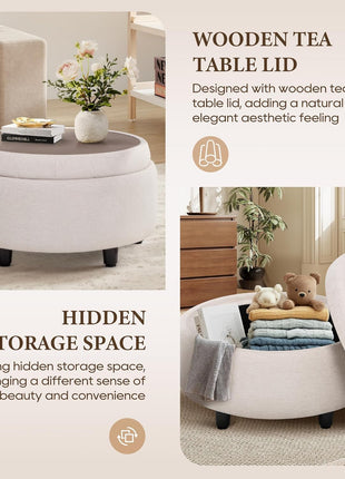 Fabric Round Storage Ottoman with Reversible Tray Lid - Stylish Footrest and Concealed Storage Option, Compact Coffee Table for Living Room, Bedroom, or Entryway (Beige)
