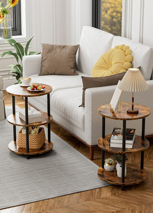 3-Tier Round Coffee Table - Industrial Vintage Accent Table for Living Room, Bedroom, or Compact Spaces in Rustic Brown Finish
