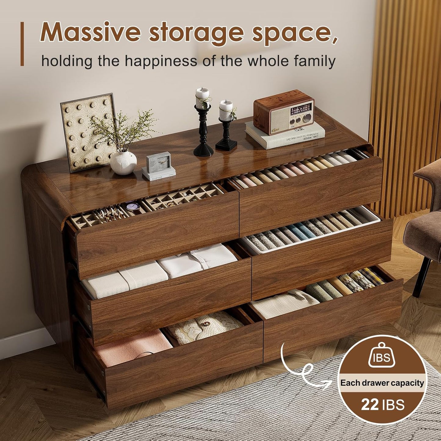 Dresser and Nightstand Sets 3 Piece, 6 Drawer Dresser for Bedroom and Nightstands Set of 2, Wood Chest of Drawers Night Stand Mid Century Modern Bedroom Furniture Set, Walnut