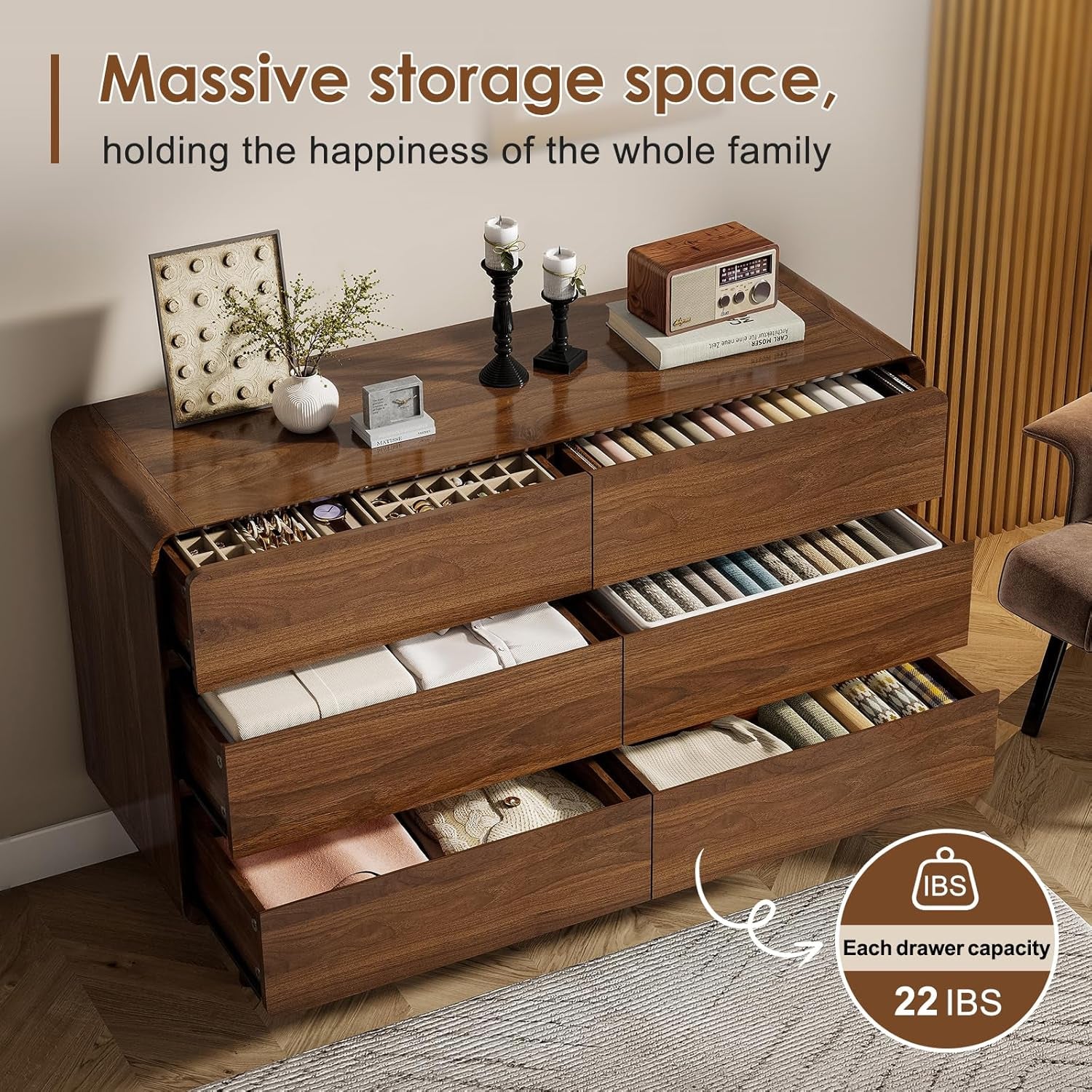 Dresser and Nightstand Sets 3 Piece, 6 Drawer Dresser for Bedroom and Nightstands Set of 2, Wood Chest of Drawers Night Stand Mid Century Modern Bedroom Furniture Set, Walnut