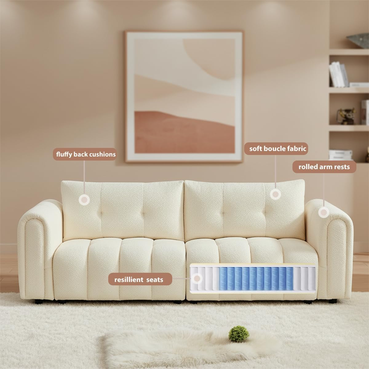 91.5" Mid-Century Modern Cloud Sofs, Comfy Boucle Couch with Rolled rms nd Soft Pillows, Upholstered Sherp Loveset Sofs for Living Room, prtment, Home Office, Crem White