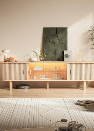 70-Inch Mid-Century Modern TV Stand with LED Lighting for TVs up to 75 Inches, Featuring Sliding Doors and Glass Shelf, Natural Oak Media Console for Living Room