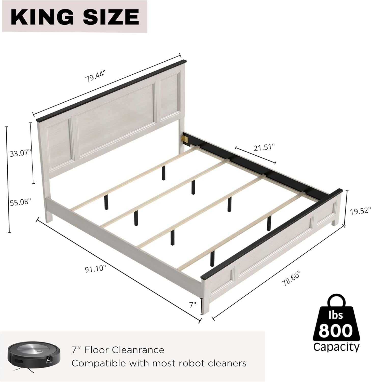 Realynn 5-Piece Wood Bedroom Set, King Size Panel Bed with Dresser, Mirror, and 2 Nightstands, Off-White Finish