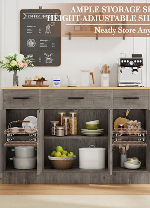 53.4" Farmhouse Buffet Cabinet with Storage, Featuring 3 Drawers and 4 Doors, Adjustable Shelf for Kitchen and Living Room, Gray Finish