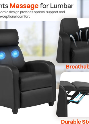 Massage Recliner Sofa with Lumbar Support and Padded Backrest for Home Theater Seating - Black Leather for Living Room and Bedroom