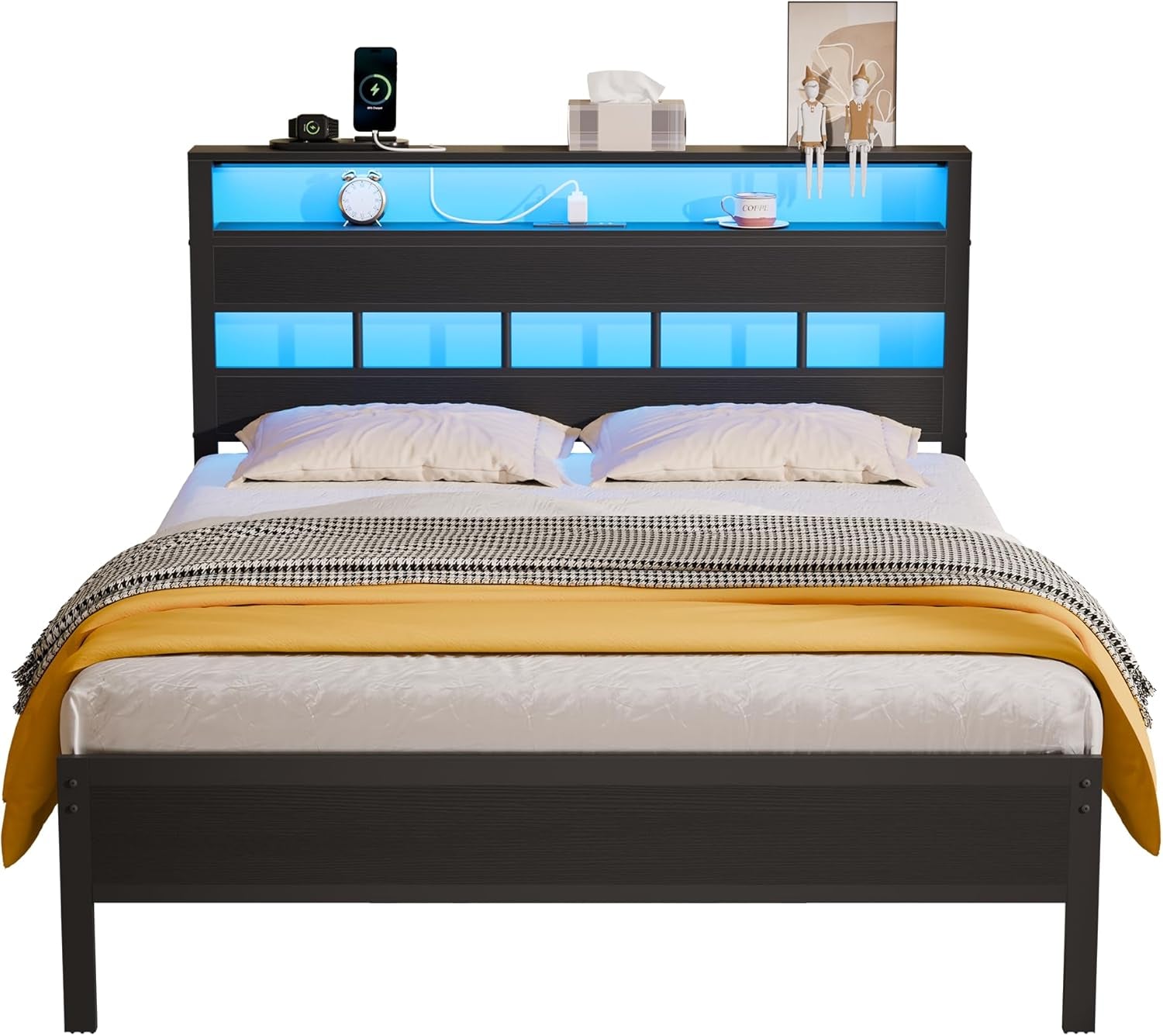 Full Size Bed Frame with LED Light and Charging Station, Wood Storage Headboard with 2-Tier Shelves, Metal Platform Bed with Heavy Duty Slats Support, No Box Spring Needed, Black Oak
