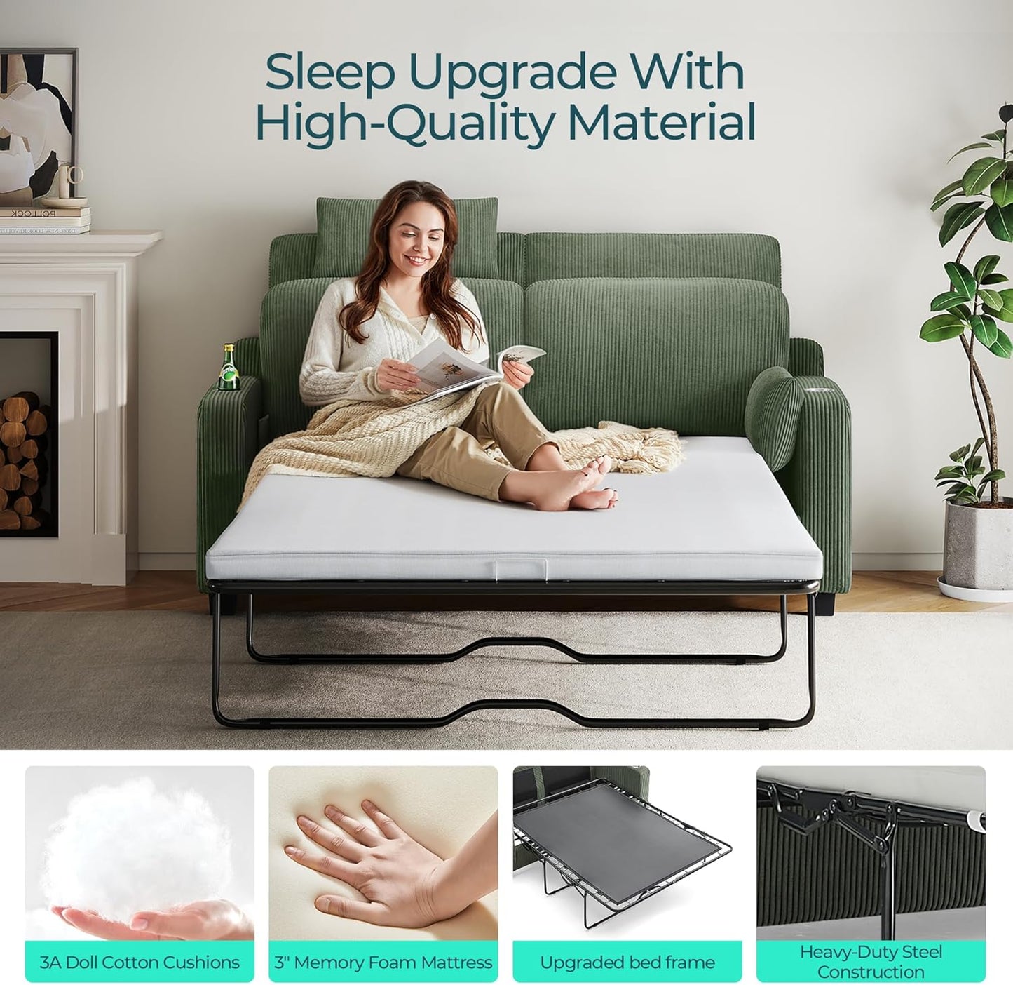 Pull Out Sofa Bed - Convertible Loveseat Sleeper Sofa, Upgraded Bed Frame Pullout Couch - USB Charging & Cup Holders, Corduroy Sofa Bed for Living Room Small Space, Queen Size (Green)