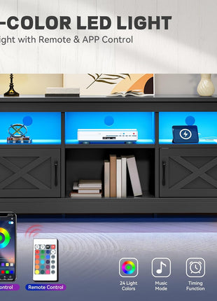 65-Inch Media Console with Storage Cabinets, Power Outlet, LED Lighting, and Barn Doors - Black TV Stand for Living Room