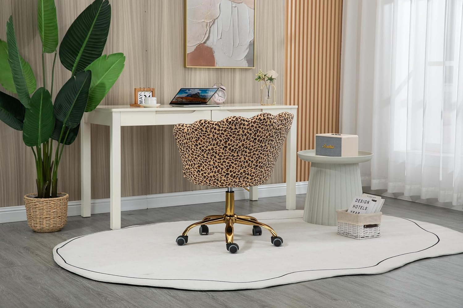 Comfy Home Office Task Chair with Wheels, Cute Modern Upholstered Velvet Seashell Back Adjustable Swivel Vanity Desk Chair, for Women, for Girls, Living Room(Leopard Stripe)