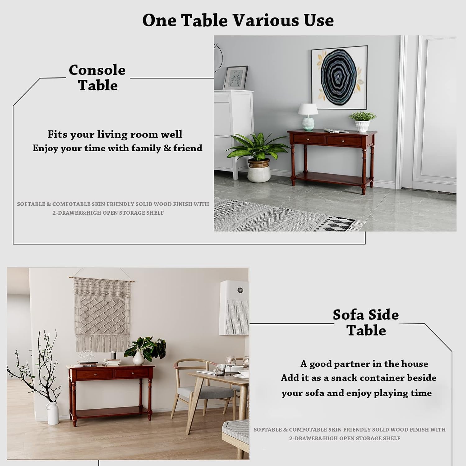 Solid Wood Console Table with 2 Drawers, 2-Tier 35.4" X 30" Accent Sofa Table with Multilayer Storage Shelf Rustic Hall Entryway Tables for Living Room Home Office-Brown