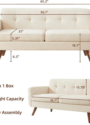 65-Inch Mid-Century Modern Loveseat Sofa, Upholstered Button-Tufted Couch for Living Room and Bedroom, Beige Linen Fabric with Solid Wood Legs and Pocket Spring Support, Easy Assembly