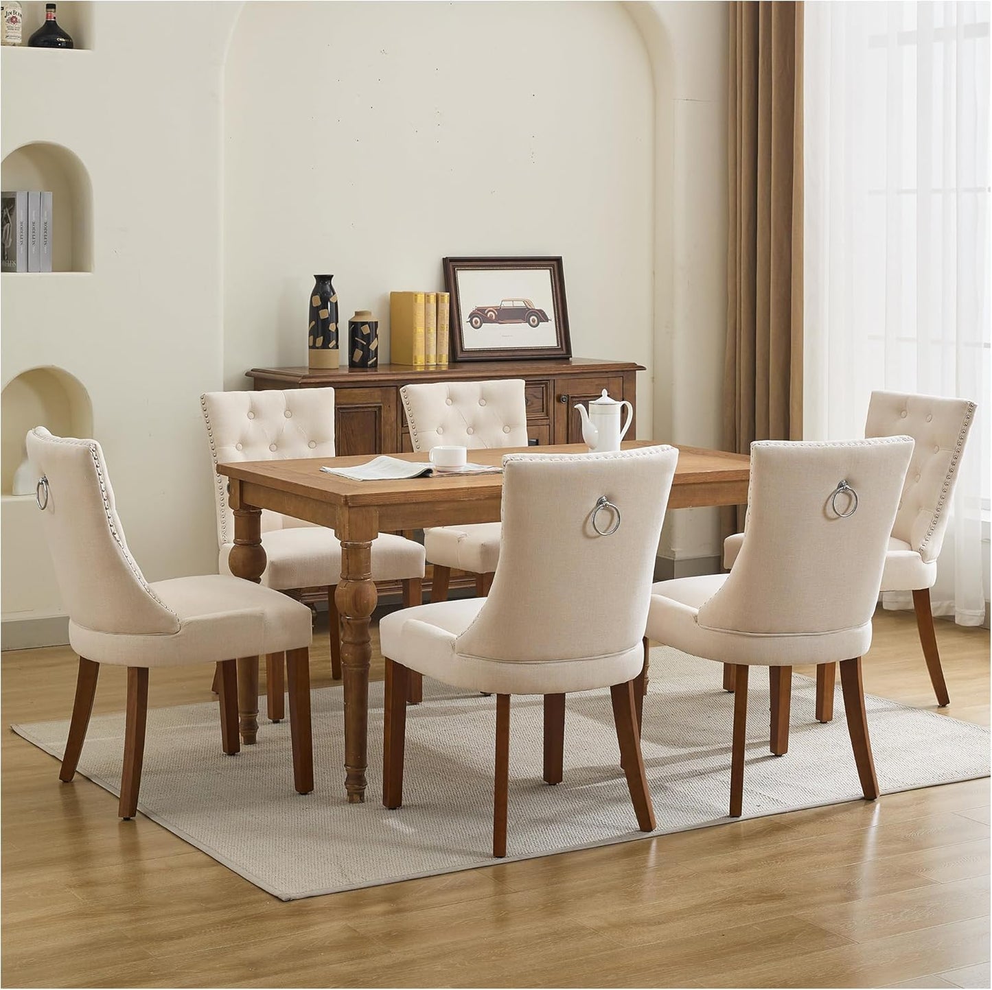 Upholstered Tufted Dining Chairs Set of 4, Fabric Side Dining Room Chairs with Nailhead Back Ring Pull Trim Solid Wood Legs, Beige
