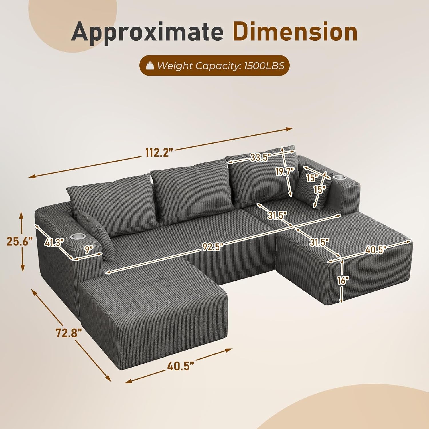 112" U Shaped Modular Sectional Sofa with 2 Ottomans, Boneless Cloud Couch with Chaise for Living Room, Modern Deep Seat Lounge Sleeper Couch Bed, No Assembly, Corduroy Dark Grey
