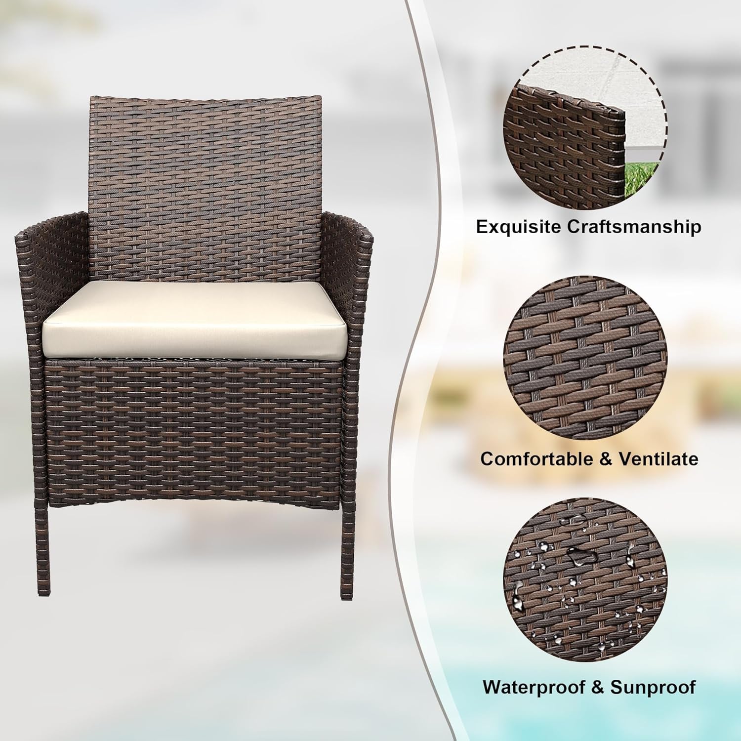 Patio Furniture Set 3 Pieces, Outdoor Patio Furniture Set with Rattan Wicker Chairs, Glass Table and Cushions for Porch, Balcony, Backyard, Garden, Poolside, Brown & Beige