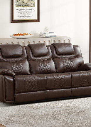 Genuine Leather Three-Seat Manual Reclining Sofa with Overstuffed Armrests, Ideal for Living Rooms, Meeting Rooms, and Bedrooms, Dark Brown