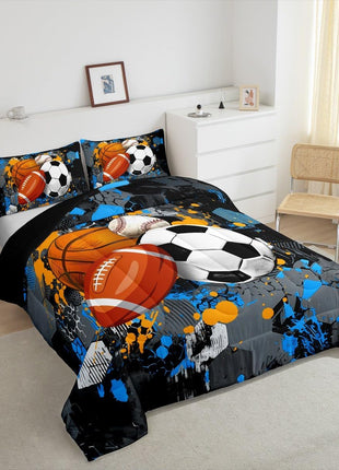 Twin Size Sports Comforter Set - Basketball and Football Bedding for Boys and Girls in Black, Grey, and Blue