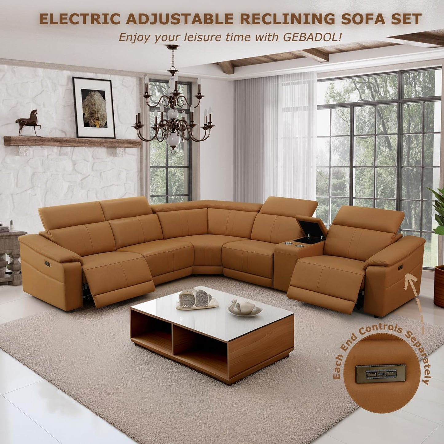 Power Recliner Sectional Sofa, L-Shaped Living Room Furniture Set, Light Brown Leather Sofa, Reclining Sectional Couch with Storage Console/Cup Holder for Living Room/House/Apt