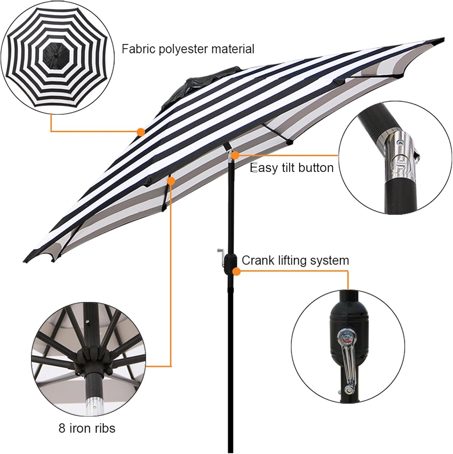 9' Outdoor Patio Umbrella, Outdoor Table Umbrella, Yard Umbrella, Market Umbrella with 8 Sturdy Ribs, Push Button Tilt and Crank
