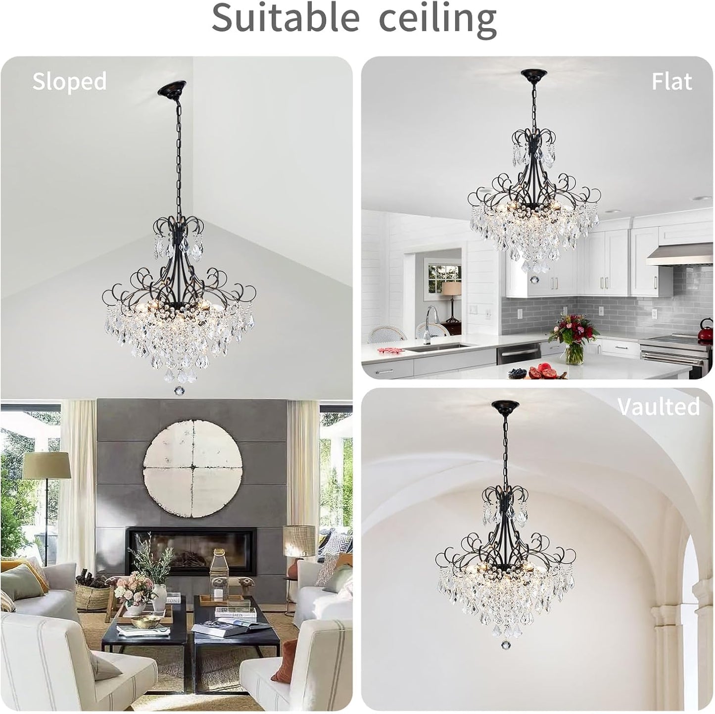 Crystal Chandelier 10-Light Pendant Ceiling Light Modern Lighting Fixture for Dining Room Hallway Bedroom Kitchen Bathroom, H 27.6" X W 22.8", E12 Base, Black
