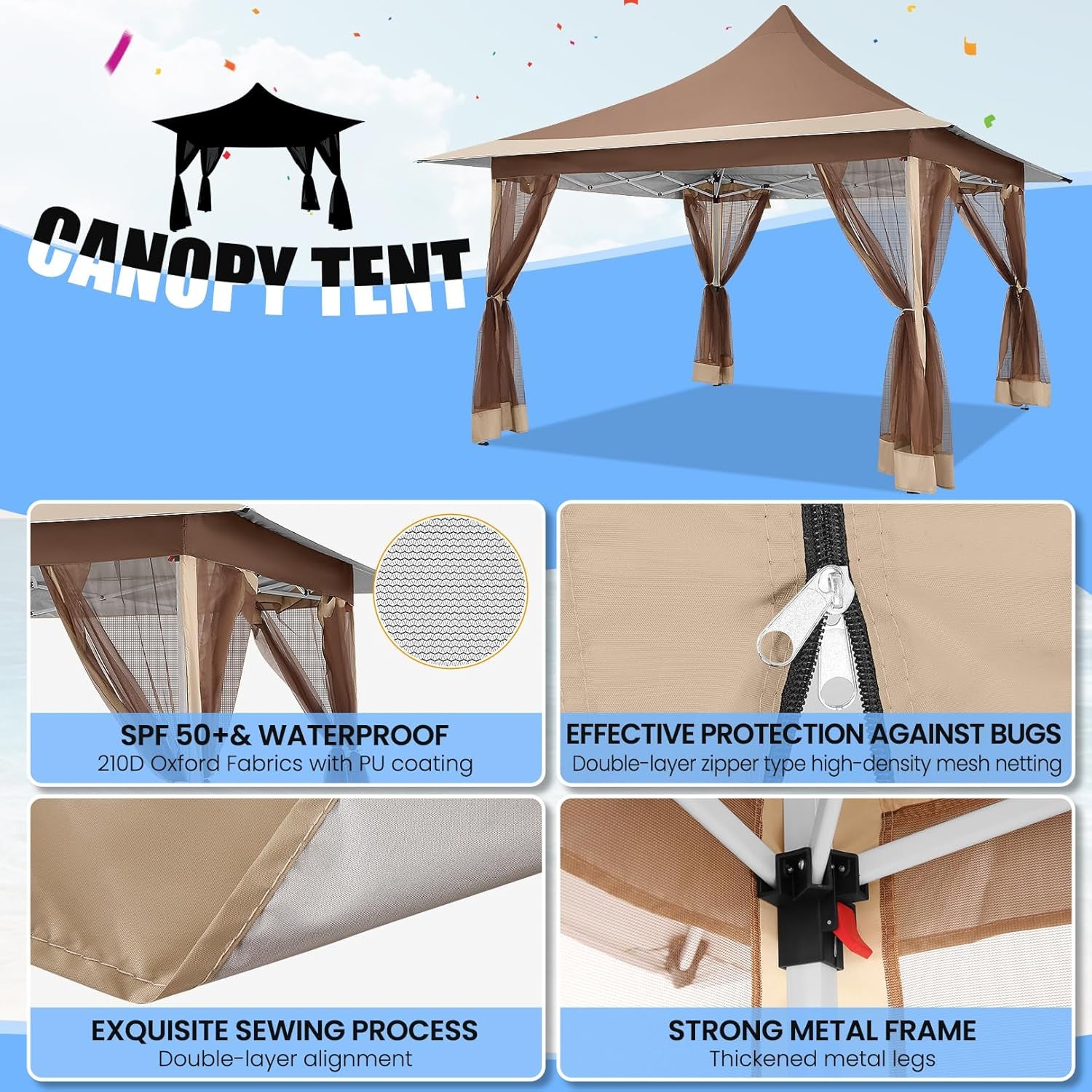 12X12 Pop up Canopy Gazebo on Clearance, Outdoor Canopy Tent with Mosquito Netting & Waterproof Roof & Sandbags & Carrying Bag,Patio Portable Gazebo for Garden,For Backyard,Brown