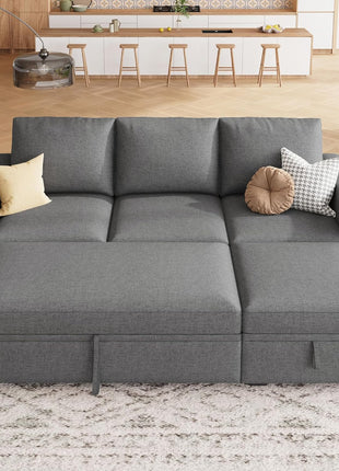 Elegant L-Shaped Modular Sectional Sleeper Sofa with Pull-Out Bed and Integrated Storage in Dark Grey