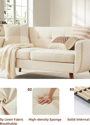 65-Inch Mid-Century Modern Loveseat Sofa, Upholstered Button-Tufted Couch for Living Room and Bedroom, Beige Linen Fabric with Solid Wood Legs and Pocket Spring Support, Easy Assembly
