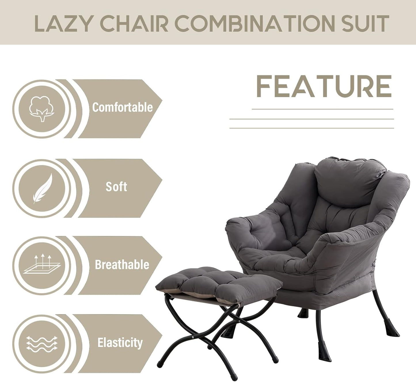 Lazy Chair with Ottoman, Modern Accent Leisure Upholstered Lazy Sofa Armchair, Contemporary Lounge Reading Chair with Armrests and a Side Pocket for Living Room, Bedroom & Small Space, Dark Grey