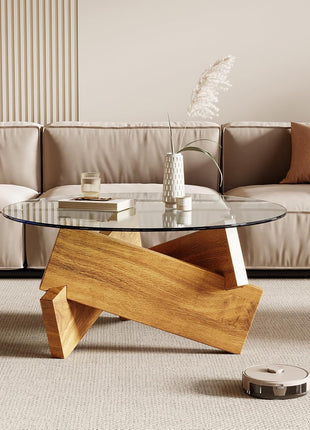 Contemporary Round Coffee Table with Tempered Glass Top and Natural Wood Finish, 30.7" x 30.7" x 16.1" for Living Room