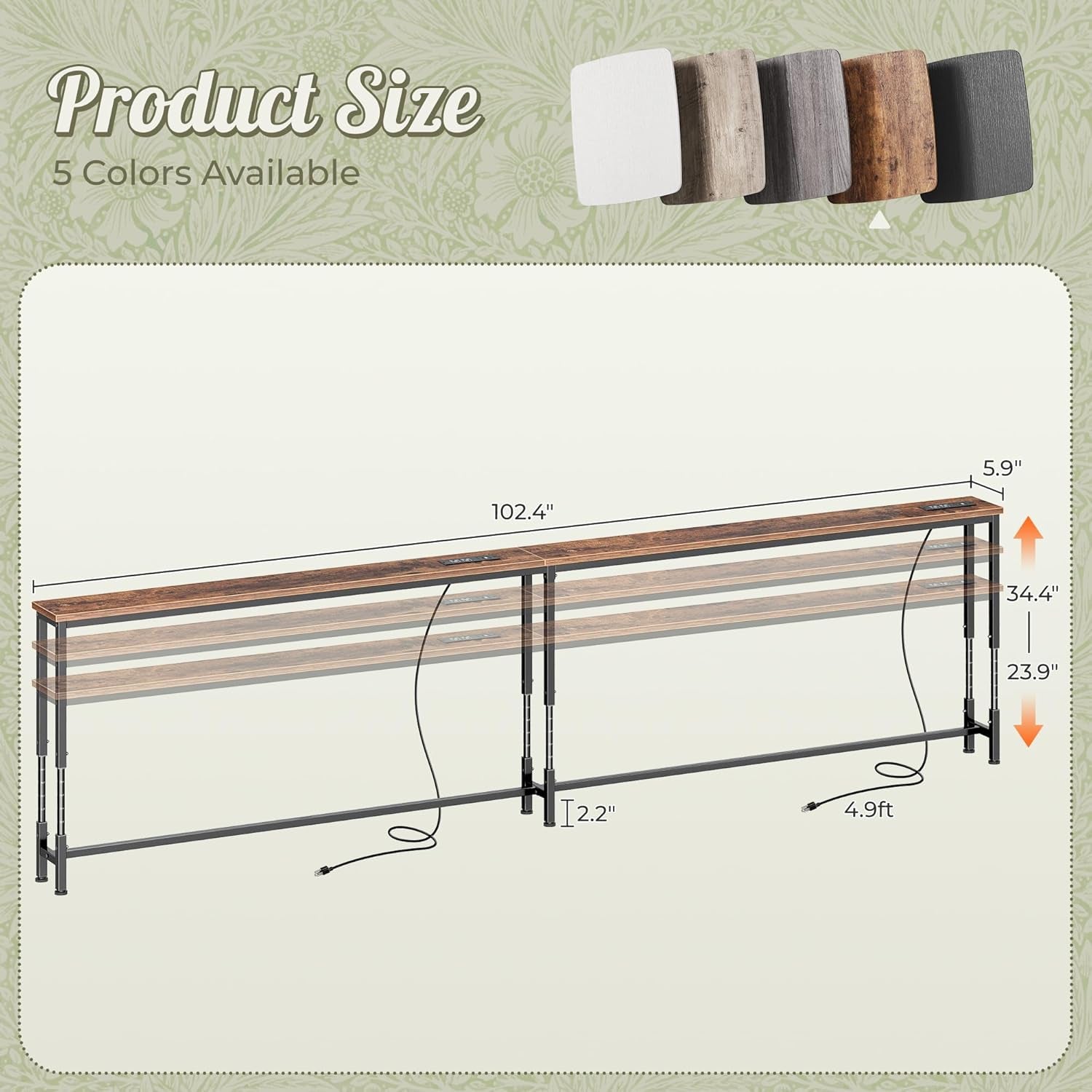 102.4 Inch Sofa Table with Power Outlets, 23.9’’-34.4’’ Height Adjustable Range, behind Couch Table with USB-C Ports, Sofa Tables Narrow Long, Skinny Console Table, Small Spaces, Rustic Brown