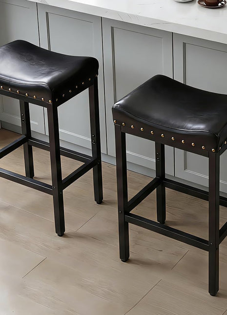 Set of 2 Industrial Vintage Counter Height Bar Stools, 25.5 Inch Faux Leather with Nailhead Trim and Footrest, Perfect for Kitchen Islands and Dining Areas, Easy to Assemble