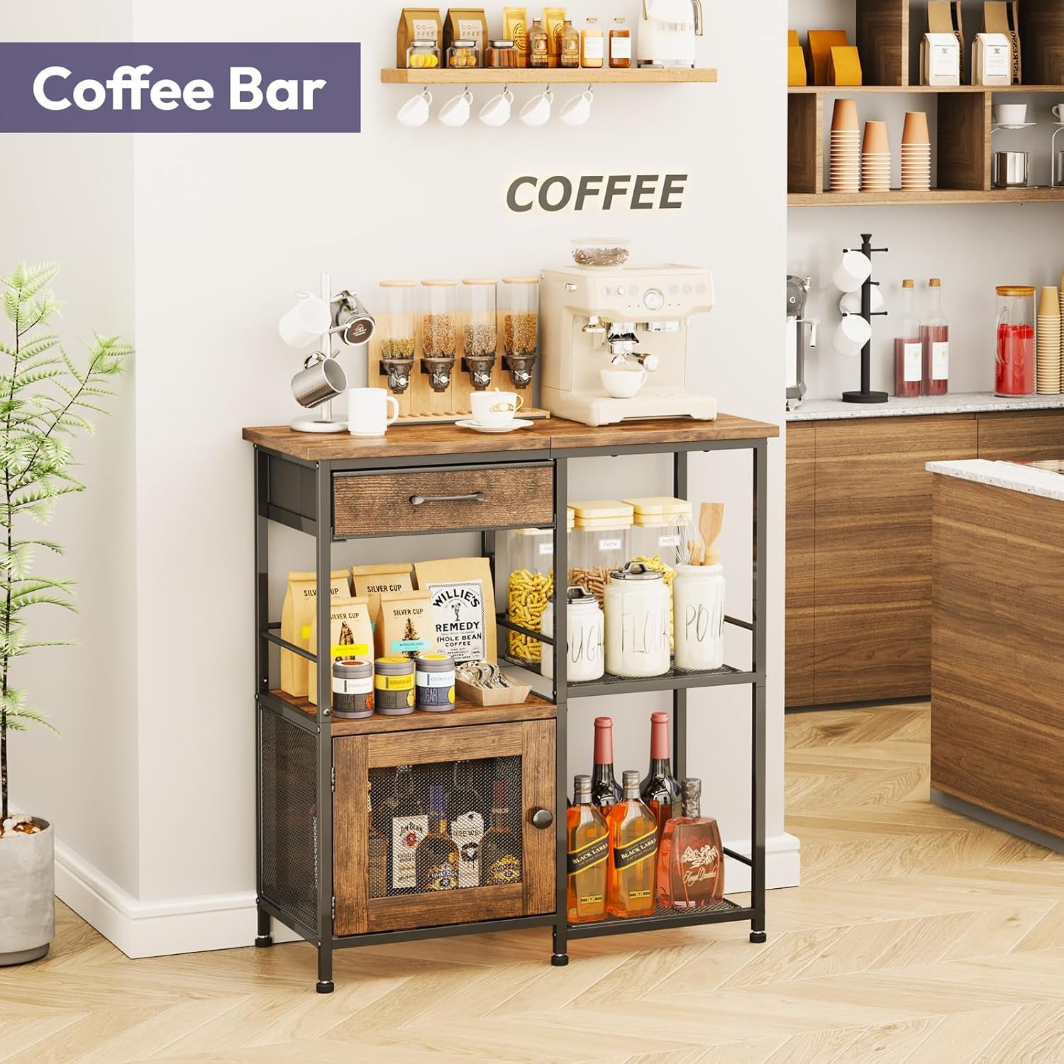 Coffee Bar Cabinet for Home - Farmhouse Coffee Stand Station Multi-Purpose Buffet Sideboard Cabinet with Drawers - Kitchen Bar Table for Living Room, Corner, Small Space, Espresso