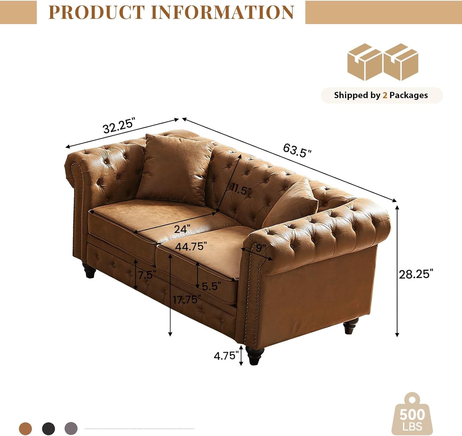 Modern Chesterfield Sofa Couch, 63.5-Inch Faux Leather Loveseat Sofa with Rolled Armrests and Tufted Button for Living Room, Office, Brown