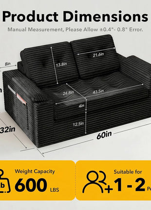 60-Inch Modern Boneless Loveseat Sofa with Removable Corduroy Cover and Armrests, Ideal for Small Spaces, Black