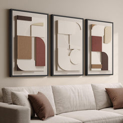 Framed Large 3D Textured Wall Art for Living Room, Brown and Tan Geometric Texture Artwork for Walls, 3 Piece Neutral Modern 3D Sandstone Art Painting for Hallway Office Kitchen Wall Decor, 24X36 Inch